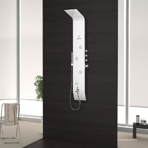 Curve Neo Shower Panel 1500 x 230 mm | White Finish Almunium Body Dual tone aluminium body • Inbuilt ABS top shower with 60 nozzles 4 Moveable ABS body massage jets • Hand shower with flexible hose Brass Spout • Thermostatic mixer with diverter• 400 mm stainless steel braided hose • Minimum water pressure required 2 bar | Size: 1/2" BSP