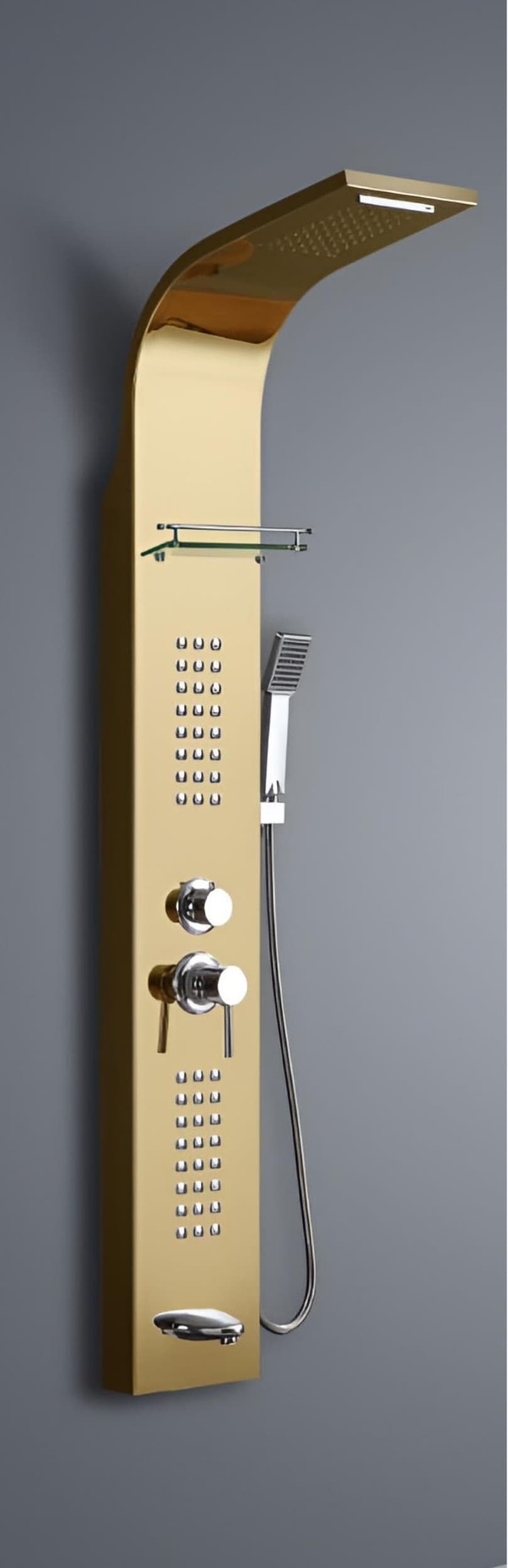 Shower Panel | Size: 1500x220mm | Finish: Gold | Included: Overhead Shower, Hand Shower, Body Jets, Shelf, Mixer Controls | Suitable replacement for Wall Mixer