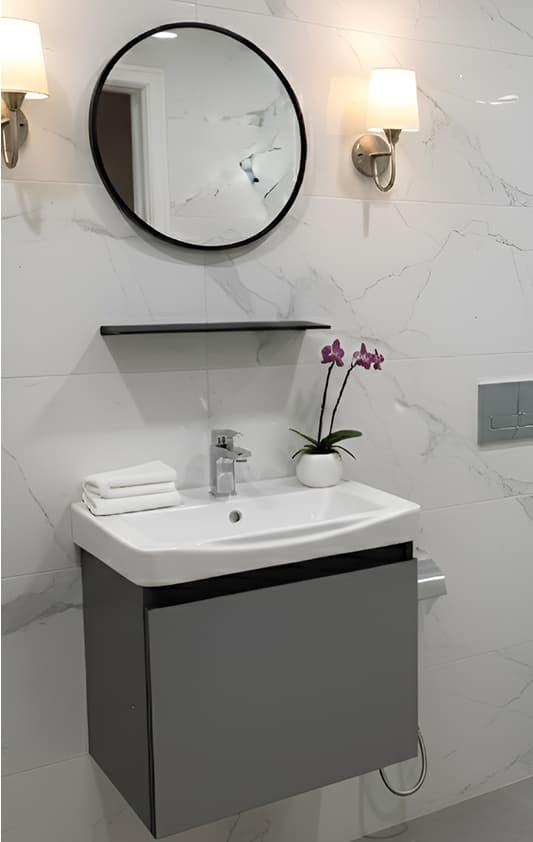 Designer Vanity Cabinet | Cabinet Size: (W)500x(D)360x(H)450mm | Finish: Grey | Included: Mirror, Shelf, Wash Basin, Cabinet