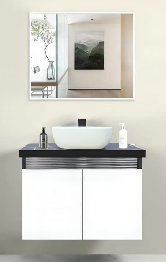 Designer Vanity Cabinet | Cabinet Size: (W)600x(D)470mm | Finish: White | Included: Mirror, Wash Basin, Cabinet