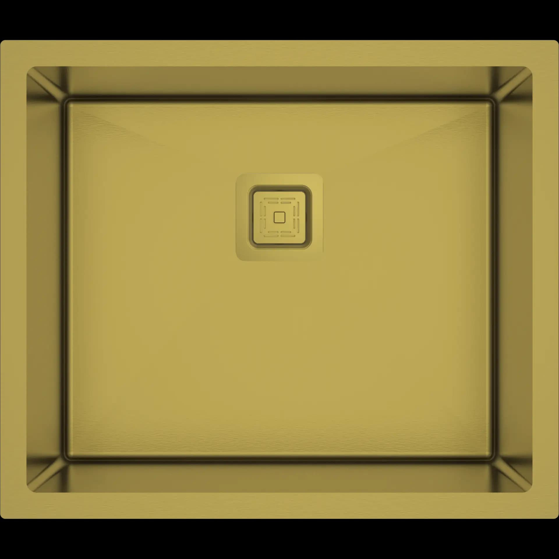 PVD Collection Steel Kitchen Sink 31" x 17" x 9" (780 x 430 x 225mm) | SS 304 Grade | PVD Gold Finish | Top Mount & Under Mount Installation | Included Accessories: PVD coated finish, R10 rounded corner, sloping drain, sound absorbing pads | Slab Cutting Size: 750 x 400mm