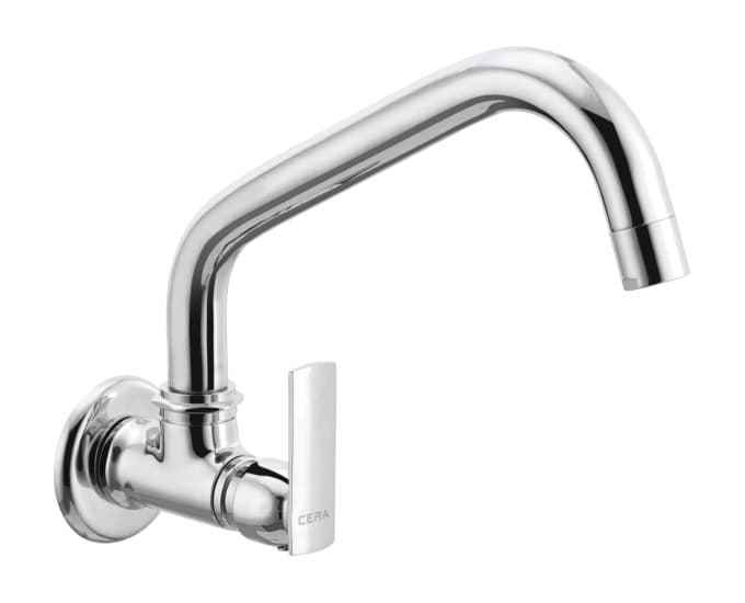 Titanium Sink Cock (Cold Water Only) With 200 mm (8") Long Swivel Spout and Wall Flange | Chrome Finish | For Kitchen Use