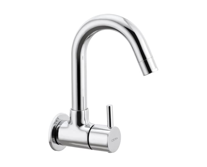 Fountain Sink Cock (Cold Water Only) With 150 mm (6") Long Swivel Spout and Wall Flange | Chrome Finish | For Kitchen Use