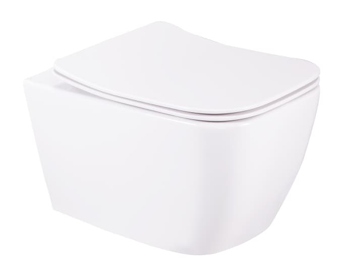 Carlton Rimless Wall Hung Toilet | Finish: Snow White | Size: 490 x 350 x 360 mm | Duroplast Slim Soft Close Seat Cover Included