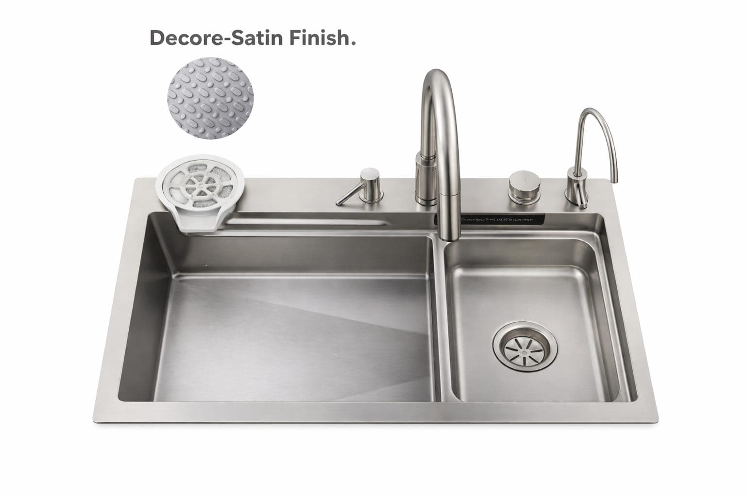 Kitchen Sink 27"x18"x9" (675x450x225mm) | Bowl: 14"x28" | Finish: Decore-Satin | Includeds: Waste Coupling, Drainer Kit with Overflow, Pull out Faucet, SS Small Bowl, Chopping Board, R.O. Top, Glass Rinser, Soap Dispenser | Slab Cutting Size: