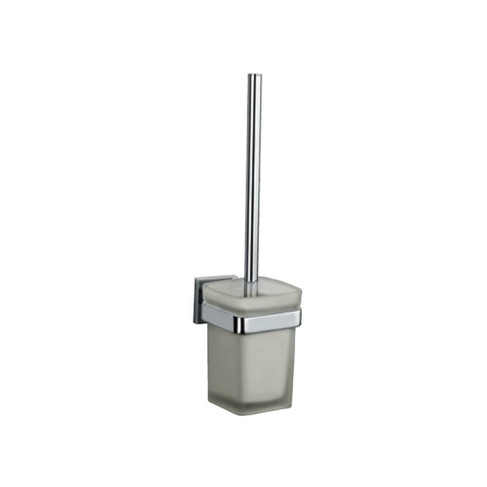 Toilet Brush Holder Stand Type with Toilet Brush and Holder | Tempered glass | Chrome Finish | Square Shape | Material: Stainless Steel