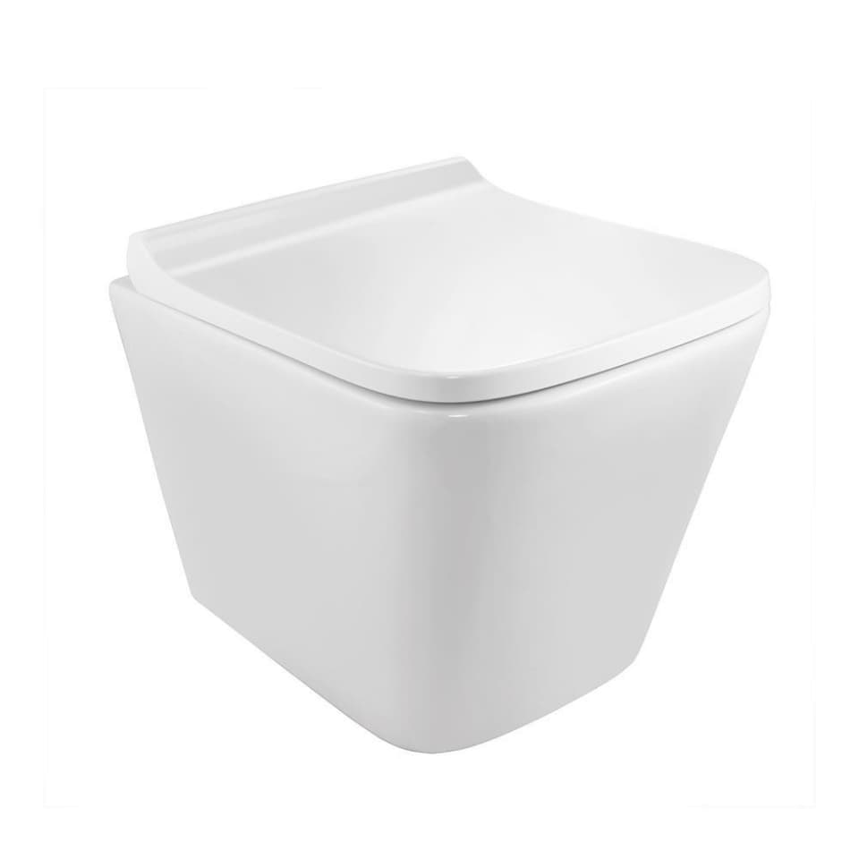 Aria Rimless Wall Hung Toilet with UF Soft Close Slim Seat Cover, Blind Installation Hinges, Fixing Set | Size: 345 x 495 x 365 mm | Requires Concealed Cistern