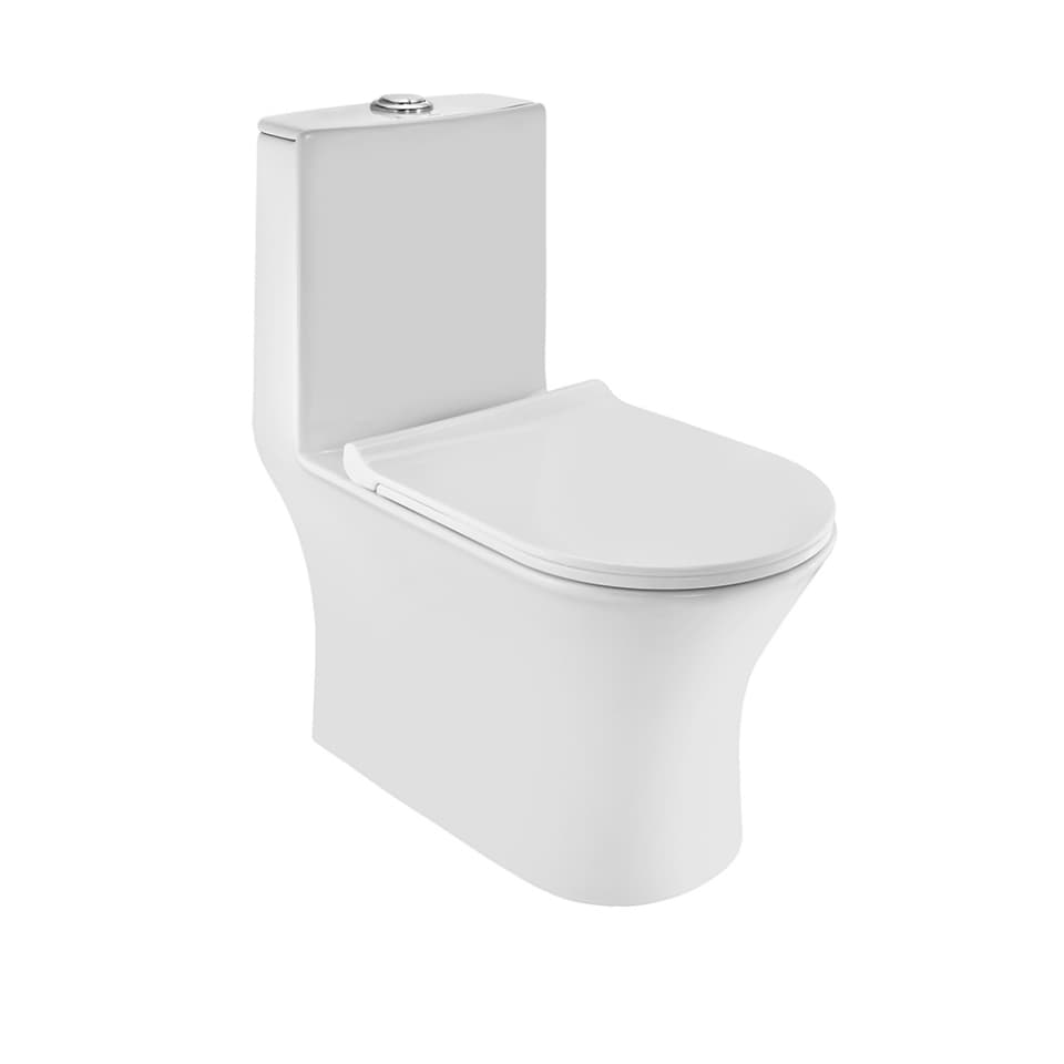Continental Rimless Single Piece Toilet with PP Soft Close Slim Seat Cover, Hinges, Dual Flush Cistern Fittings, Fixing set | Size: 370 x 690 x 750 mm | S Trap- 300 mm
