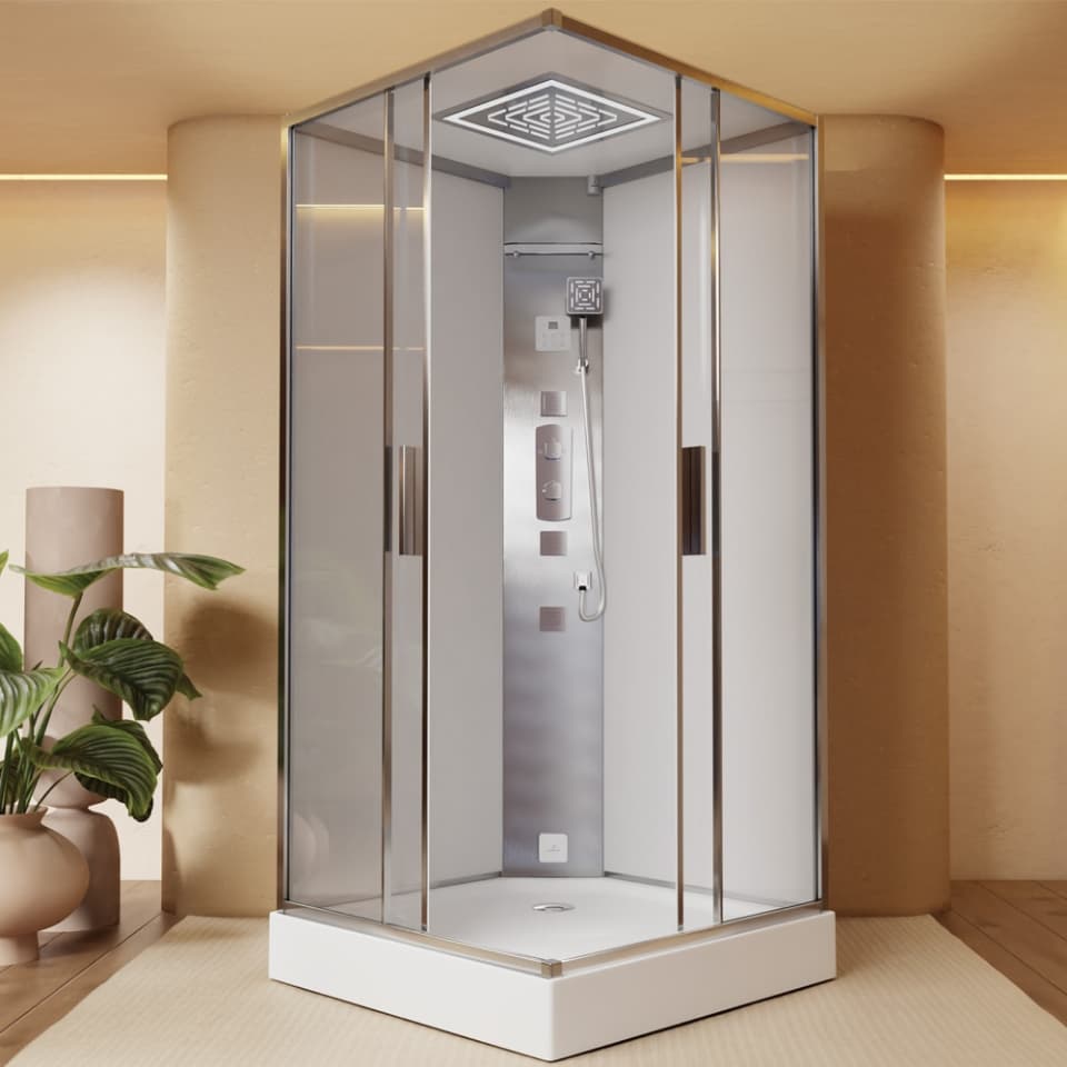 Oasis Shower Enclosure | Size: 900 x 900 x 2160 mm | 8 mm Tempered Safety Glass | Steam Generator: 4 kW| Chrome Aluminium Frame | Sliding Door | Material: ACP