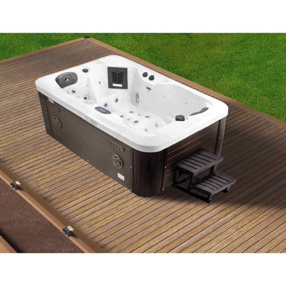 Nuovo Spa with Headrest (2 Seater) | Size: 1950 x 1400 x 750mm | Included: Jets, Shell - Silver White, Stairs & Panels - Dark Grey, and High Density Lockable Spa Cover - Black