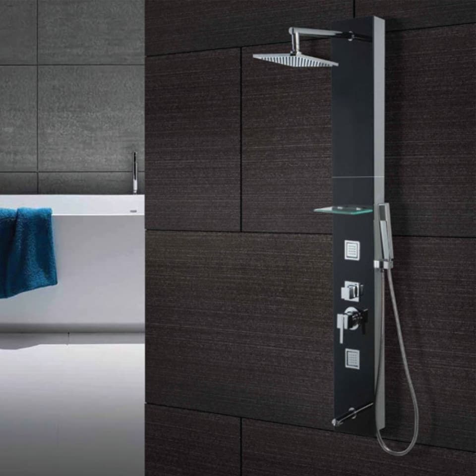 Infinity Shower Panel | Size: 1500 x 200 mm | Without Thermostat Mixer | Black Glass Finish | Material: Black tempered glass body  | Suitable in place of  Wall MIxer