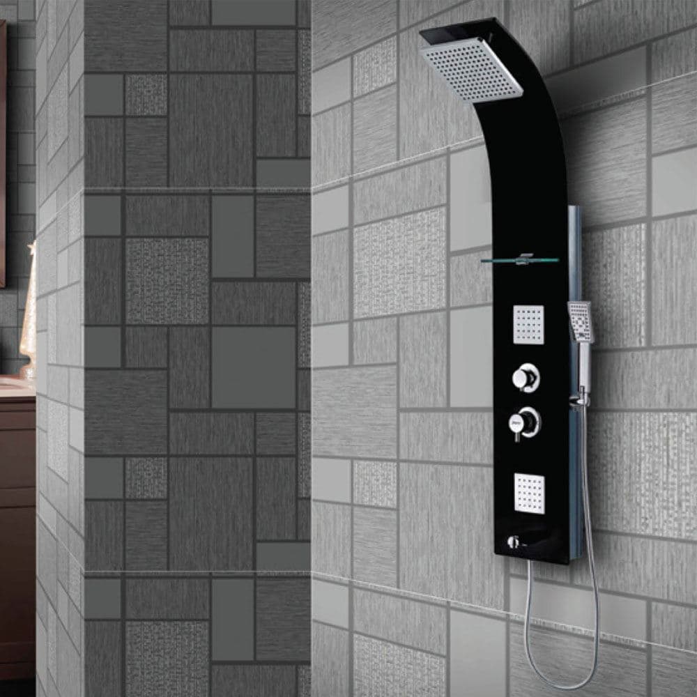 Glassy- Black Shower Panel | Size: 1400 x 250 mm | With Thermostat Mixer, Black Tempered Glass With Special Surface | Material: Black tempered glass body | Black Finish | Suitable in place of  Wall MIxer