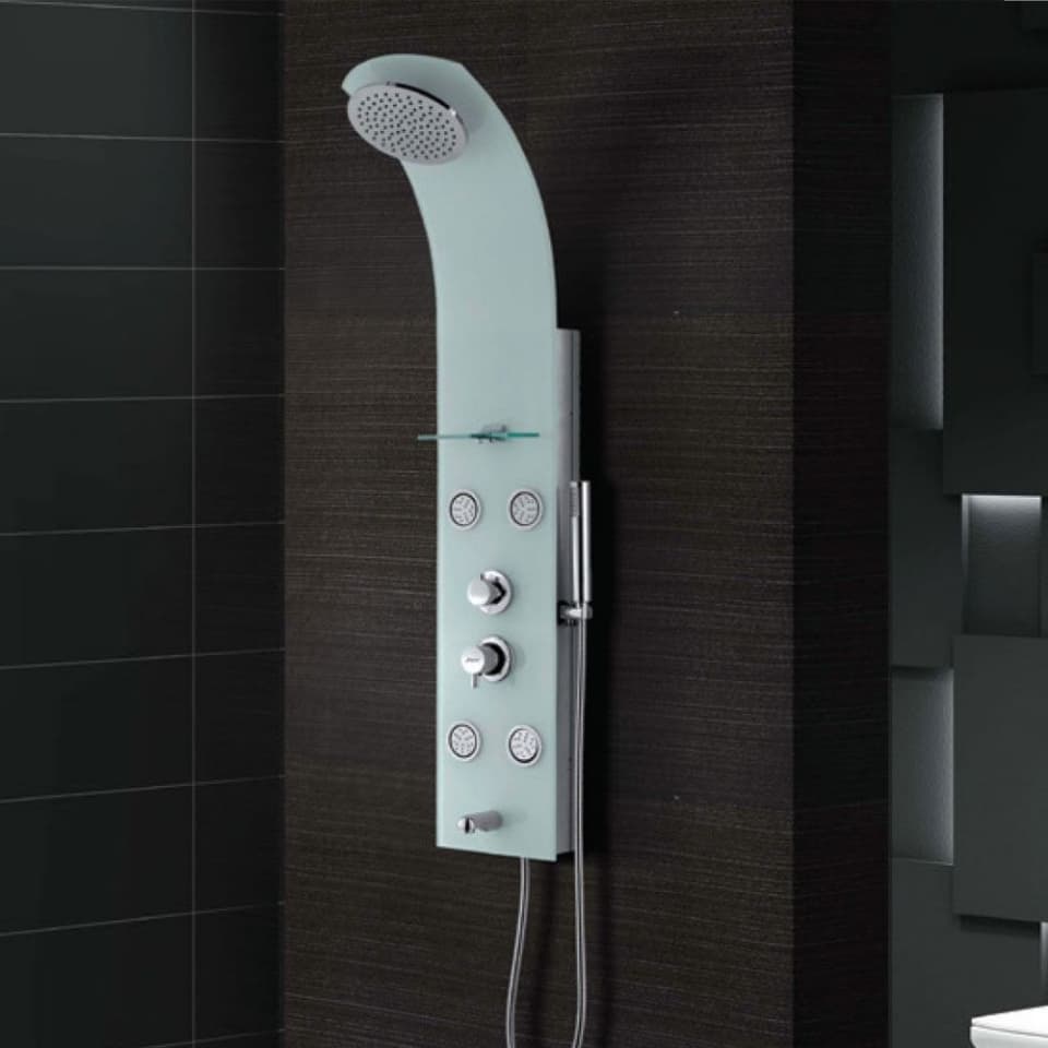 Glassy White Shower Panel | Size: 1400 x 250 mm | With Thermostat Mixer, White Tempered Glass Body With Special Surface | White Finish | Suitable in place of  Wall MIxer