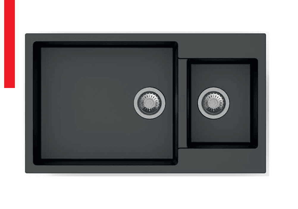 Enigma Series with Drainer Quartz Kitchen Sink 34" x 20" x 8" (860 x 500 x 200mm) | Nera Finish | Top Mount, Flash Mount & Under Mount Installation | Included Accessories: Plumbing Kit | Slab Cutting Size: 515 x 440mm + 250 x 320mm