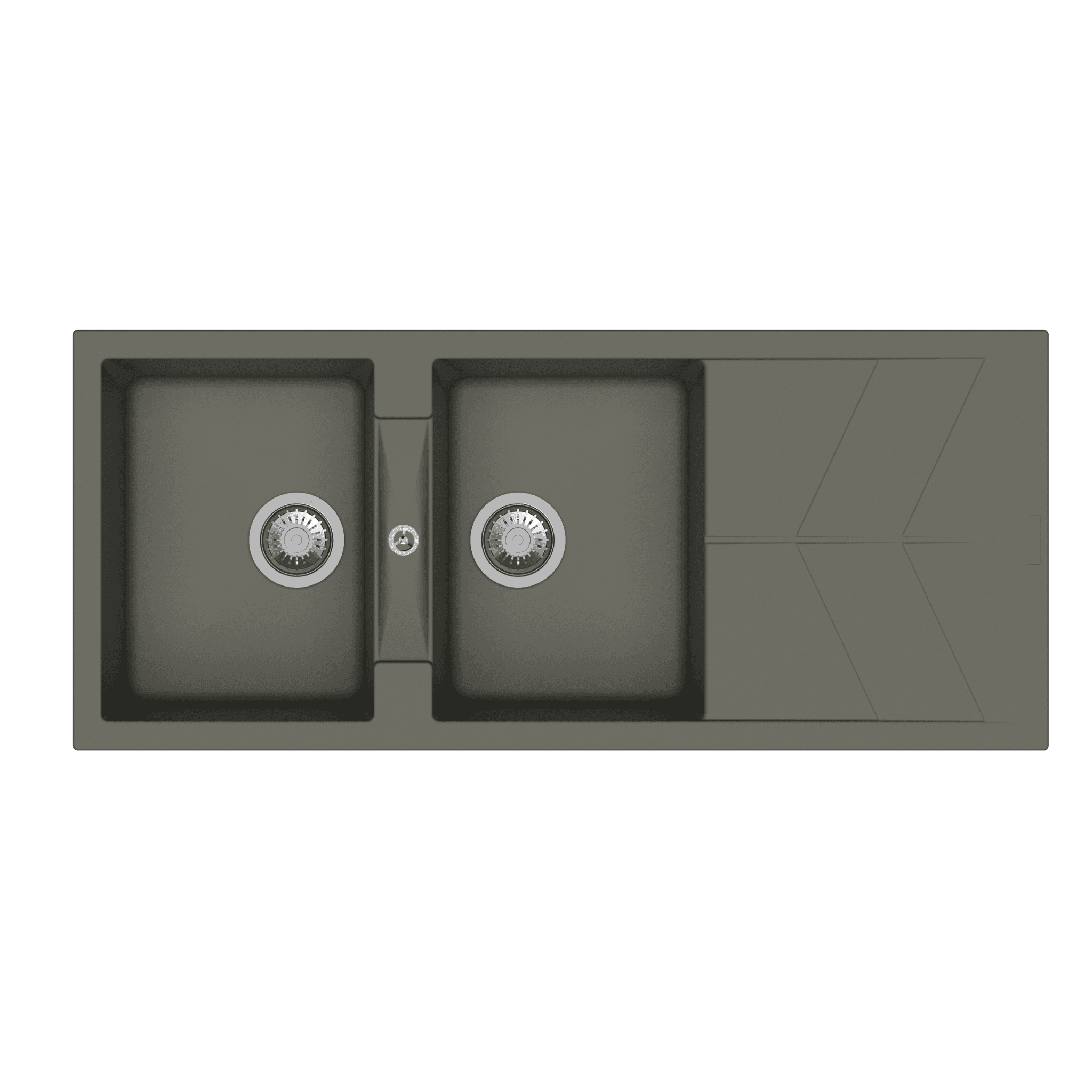 Jazz Series Double Bowl with Drainer Quartz Kitchen Sink 46" x 20" x 8" (1160 x 500 x 200mm) | Concrete Finish | Top Mount, Flash mount & Under Mount Installation | Included Accessories: Plumbing Kit | Slab Cutting Size: 323 x 430mm + 323 x 430mm