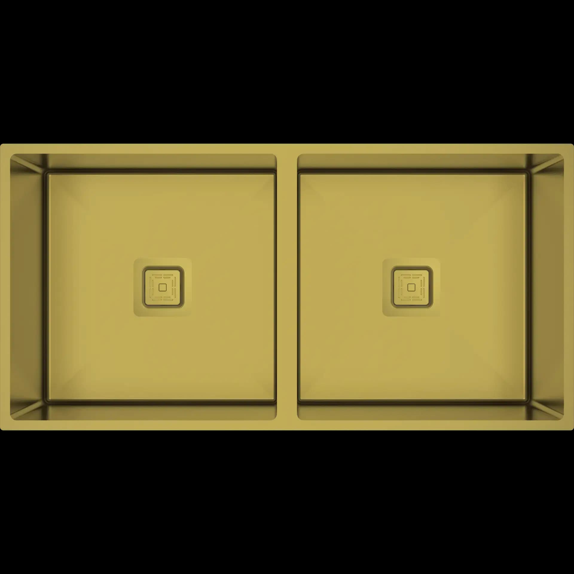 PVD Collection Steel Kitchen Sink 34" x 17" x 8" (860 x 430 x 200mm)| SS 304 Grade | PVD Gold Finish | Top Mount & Under Mount Installation | Included Accessories: PVD coated finish, R10 rounded corner, sloping drain, sound absorbing pads | Slab Cutting Size: 400 x 400mm + 400 x 400mm