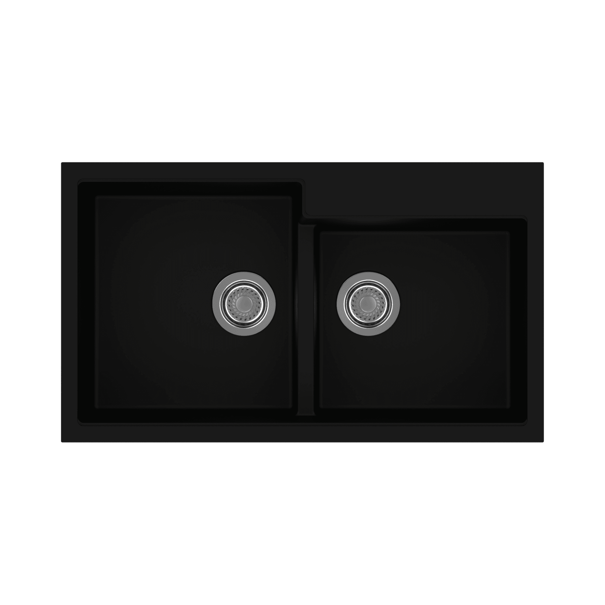 New Tip Toe Double Bowl Quartz Kitchen Sink 34" x 20" x 8" (860 x 500 x 200mm) | Deep Black Finish | Top Mount, Flash mount & Under Mount Installation | Included Accessories: Plumbing Kit | Slab Cutting Size: 400 x 430mm + 370 x 365mm