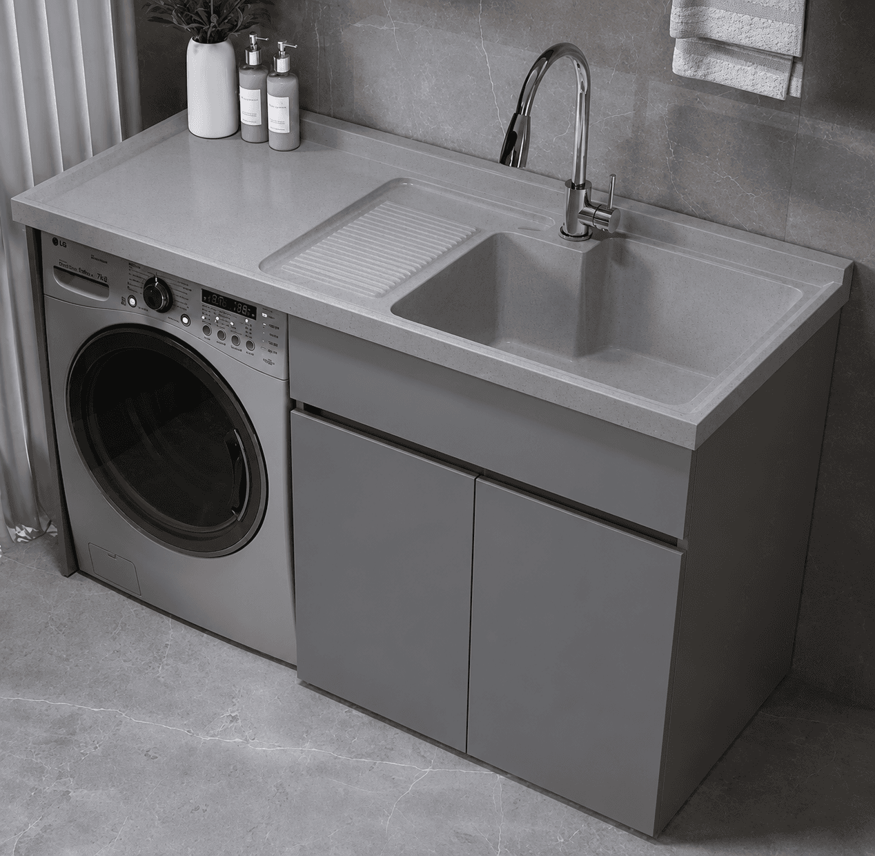Multi-Purpose Utility Sink | Overall Size: 1000 x 630mm | Bowl Position: Right side | Color: Wheat | Material: FRP Quartz Platform | Included: Space for Washing Machine, Wooden Cabinet, Quartz Faucet, Waste Coupling, Drainer kit