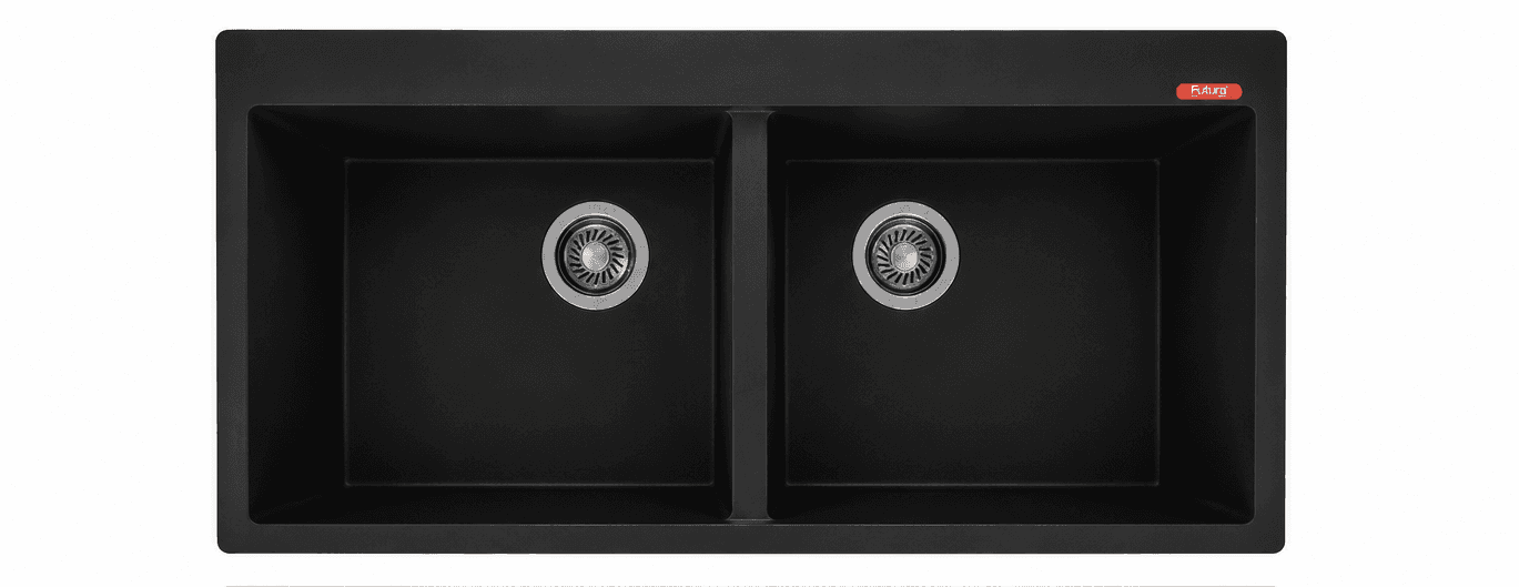 Quartz Double Bowl Kitchen Sink 34"x20"x8" (860x510x200mm) | Natural Quartz | Colour: Black | Topmount Installation | Included: Waste coupling | Slab Cutting Size: 804x399mm