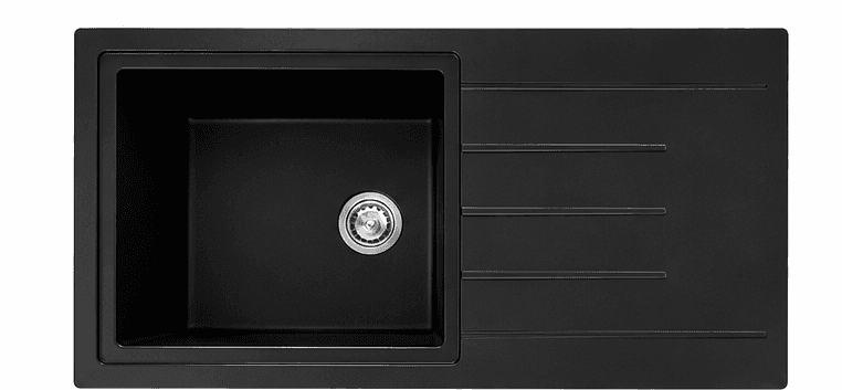 Quartz Single Bowl Kitchen Sink 36"x18"x9" (900x450x230mm) | Natural Quartz | Colour: Black | Topmount Installation | Included: Waste coupling | Slab Cutting Size: 480x395mm