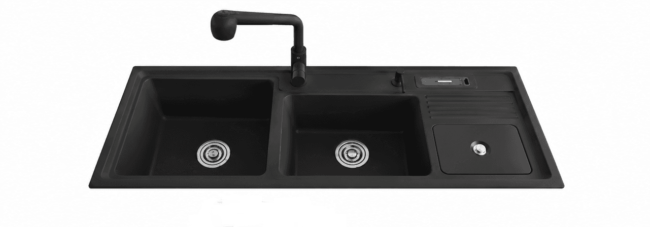 Kitchen Sink Quartz Designer Sink 36"x18"x9" (920x450x220mm) | Colour: Black | Finish: Quartz | Included: Quartz Faucet, Liquid Soap Dispenser, Basket Waste Coupling