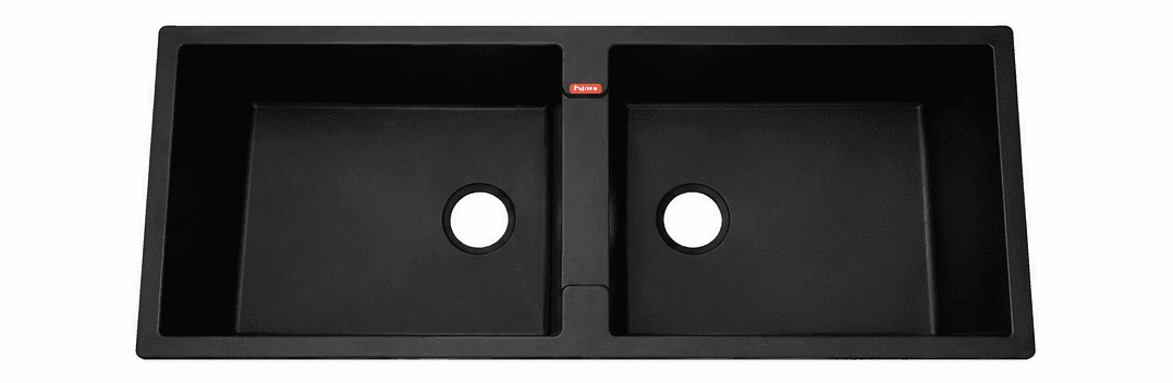 Quartz Double Bowl Kitchen Sink 45"x20"x9" (1143x502x225mm) | Natural Quartz | Colour: Black | Topmount Installation | Included: Waste coupling | Slab Cutting Size: 510x430mm