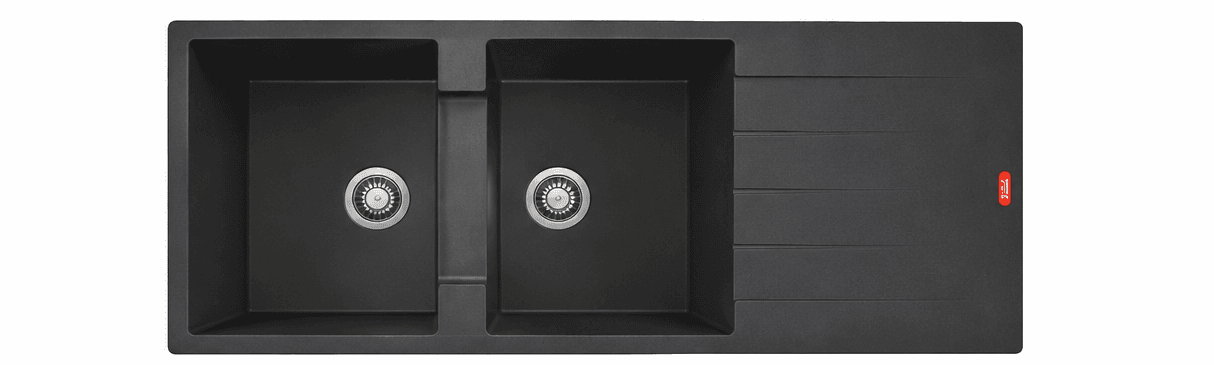 Quartz Double Bowl Kitchen Sink 46"x20"8" (1160x500x200mm) | Natural Quartz | Colour: Black | Topmount Installation | Included: Waste coupling | Slab Cutting Size: 330x440mm